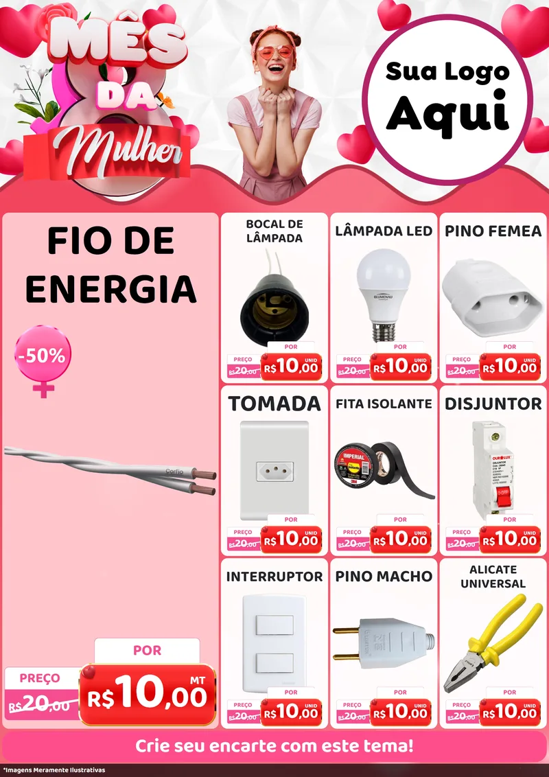 Modelo de Encarte para Encarte A4 Vertical com o tema Mês da Mulher para Materiais Elétricos