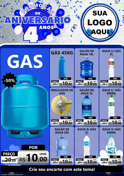 Modelo de Encarte para Encarte A4 Vertical com o tema Promoção de Aniversário - 4 Anos para Água e gás