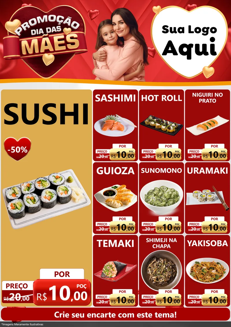 Modelo de Encarte para Encarte A4 Vertical com o tema Promoção Dia das Mães para Comida japonesa