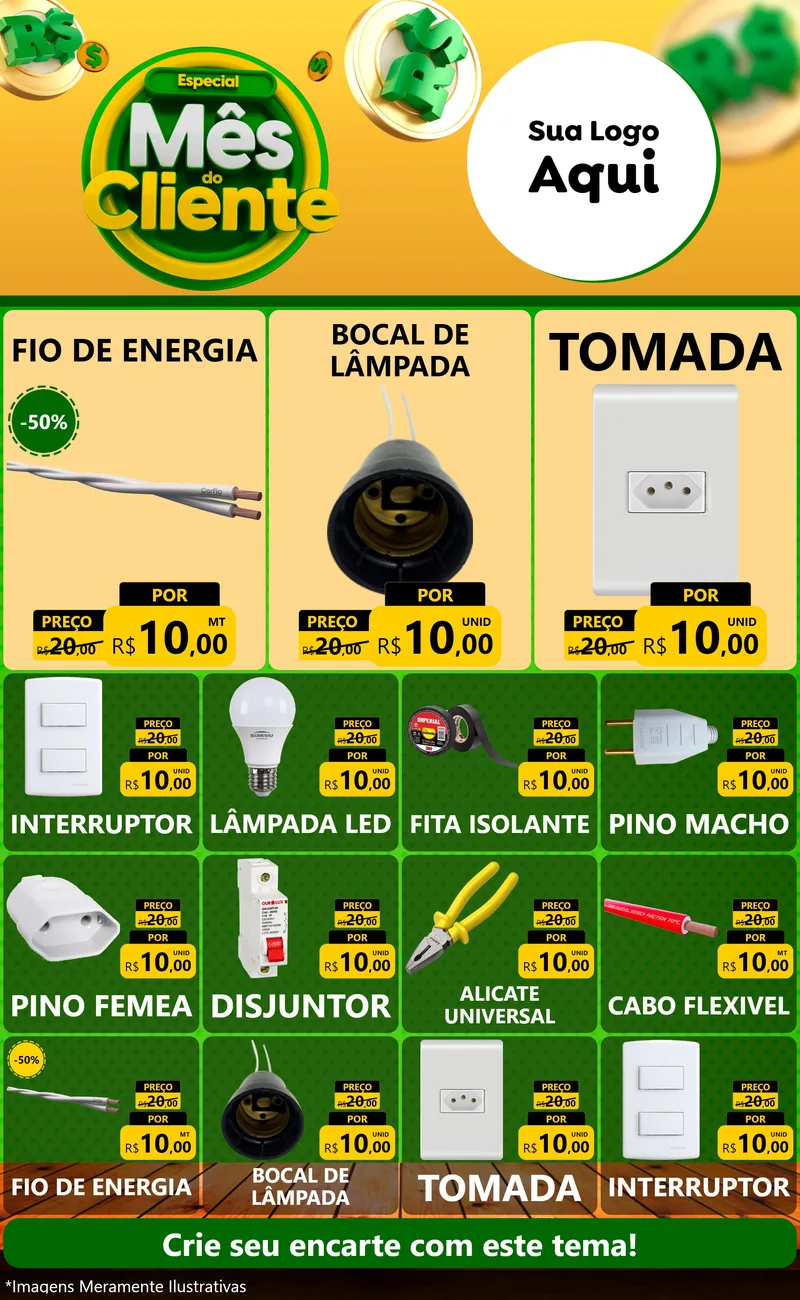 Modelo de Encarte para Encarte Grande com o tema Especial Mês do Cliente para Materiais Elétricos