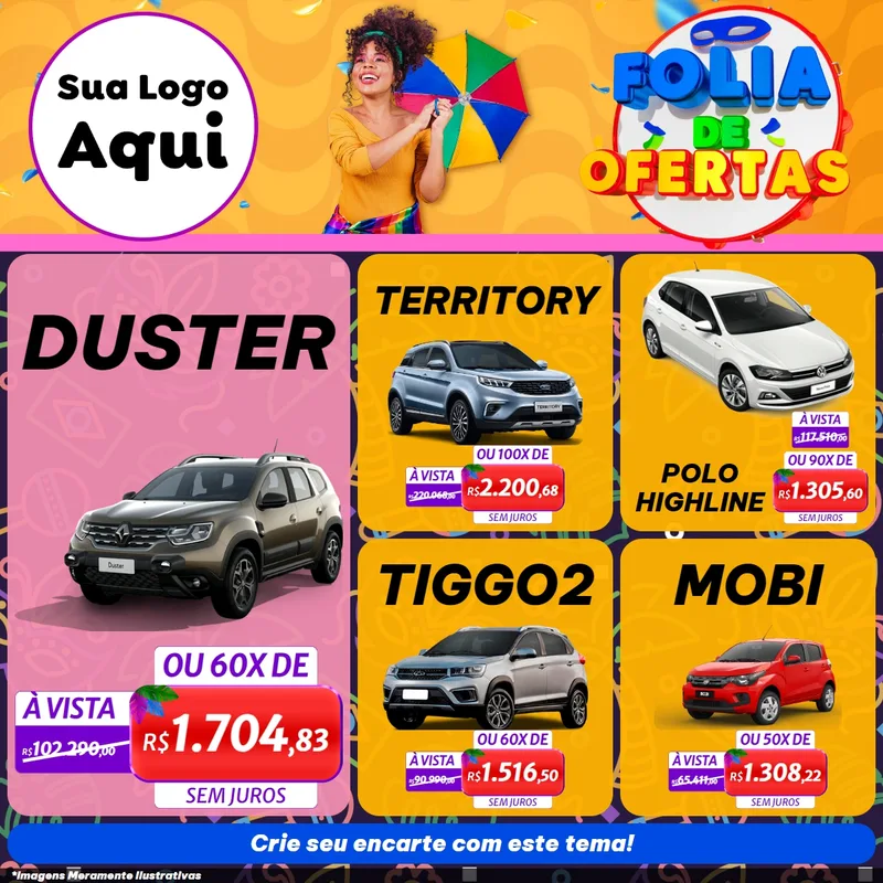 Modelo de Rede Social para Feed Facebook com o tema Folia de Ofertas para Concessionaria de Carros