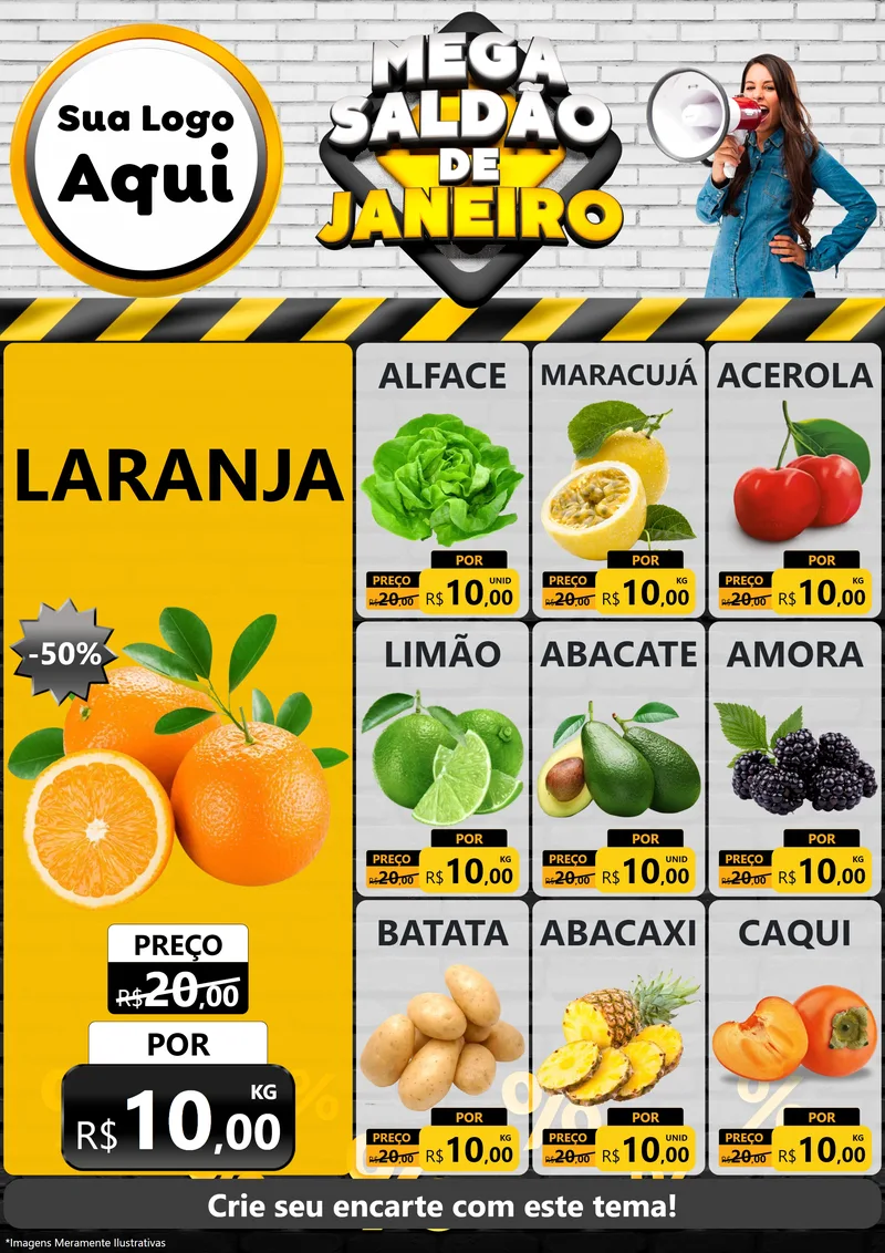 Modelo de Encarte para Encarte A4 Vertical com o tema Mega Saldão de Janeiro para Hortifrúti