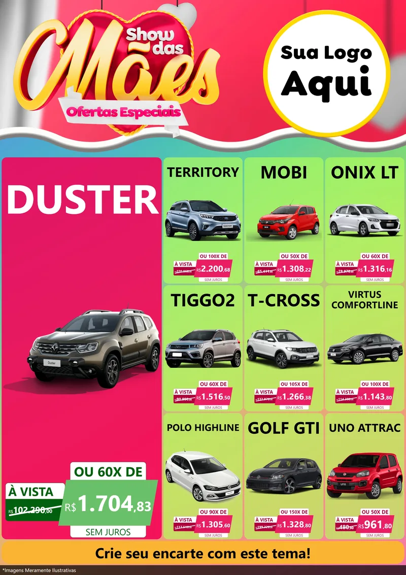 Modelo de Encarte para Encarte A4 Vertical com o tema Show das Mães - Ofertas Especiais para Concessionaria de Carros