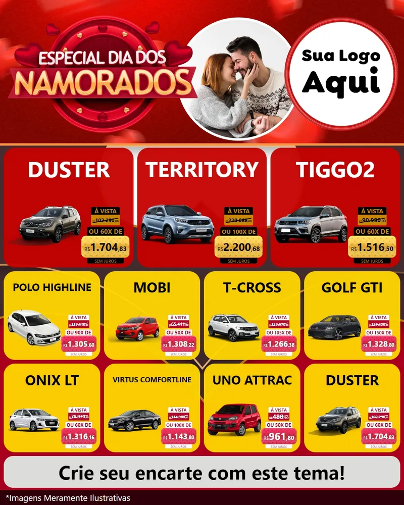 Modelo de Rede Social para Feed Instagram com o tema Especial Dia Dos Namorados para Concessionaria de Carros