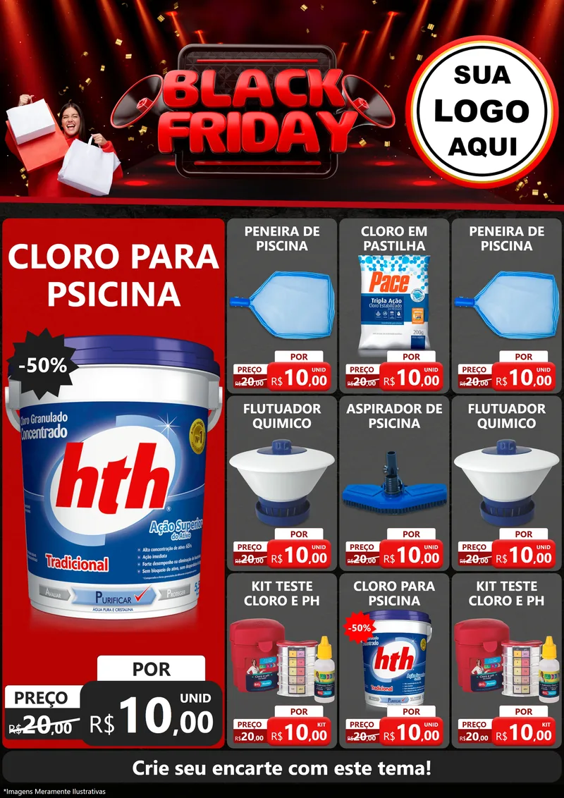 Modelo de Encarte para Encarte A4 Vertical com o tema Black Friday para Produtos para Piscina