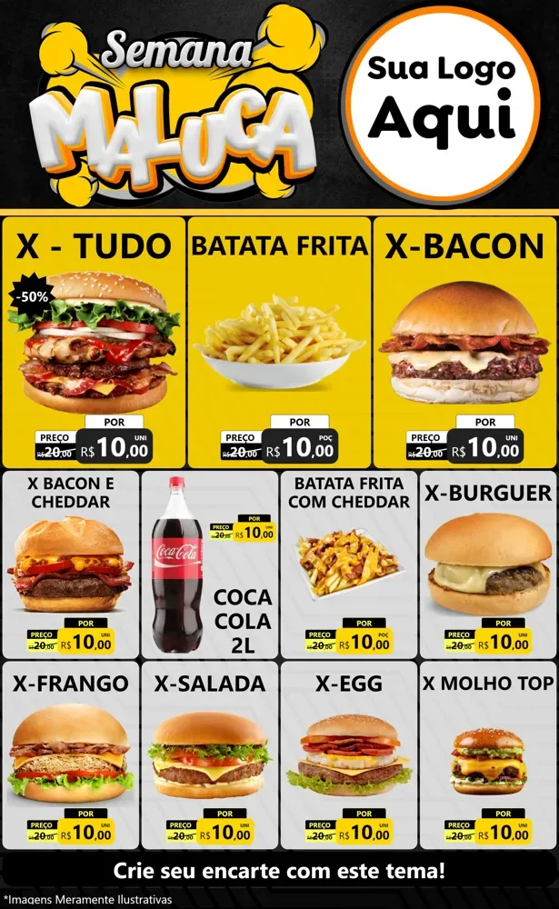 Modelo de Encarte para Encarte Grande com o tema Semana Maluca para Hamburgueria