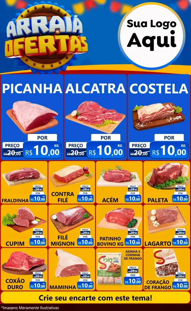Modelo de Encarte para Encarte Grande com o tema Arraiá de Ofertas - Junina para Açougue