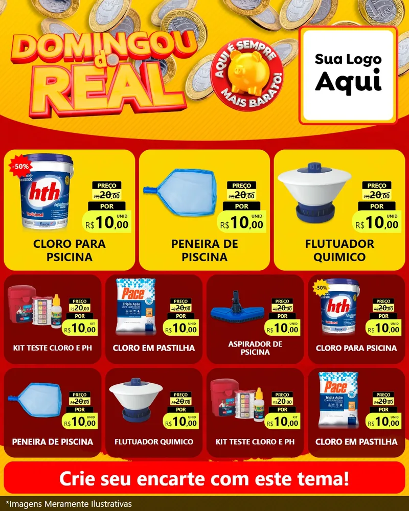 Modelo de Rede Social para Feed Instagram com o tema Domingou do Real para Produtos para Piscina