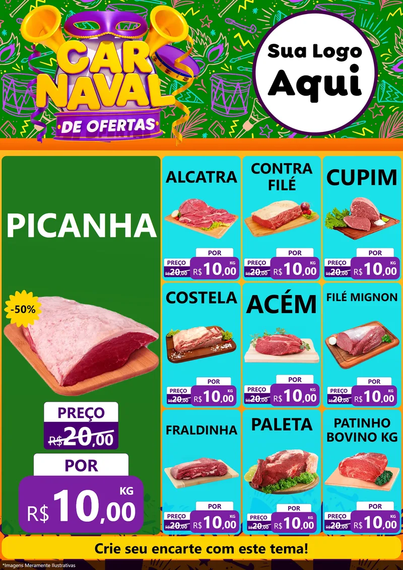 Modelo de Encarte para Encarte A4 Vertical com o tema Carnaval de Ofertas para Açougue