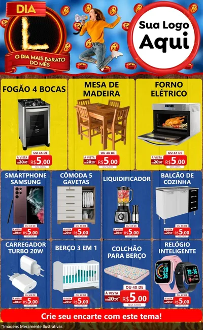 Modelo de Encarte para Encarte Grande com o tema Dia L - O Dia Mais Barato Do Mês para Móveis e Eletro