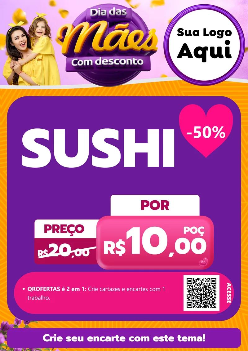 Modelo de Cartaz para Cartaz A4 Vertical com o tema Dia das Mães com Desconto para Comida japonesa
