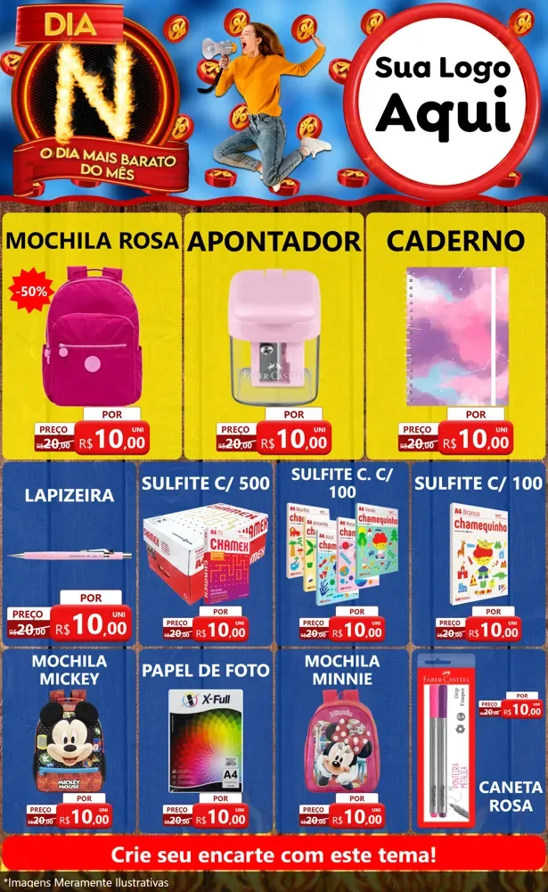Modelo de Encarte para Encarte Grande com o tema Dia N - O Dia Mais Barato Do Mês para Papelaria