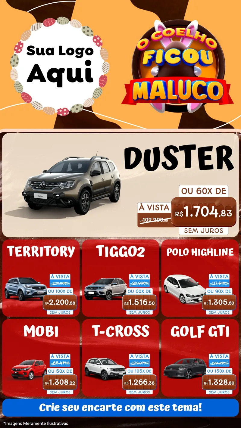Modelo de Rede Social para Stories com o tema O Coelho Ficou Maluco - Páscoa para Concessionaria de Carros