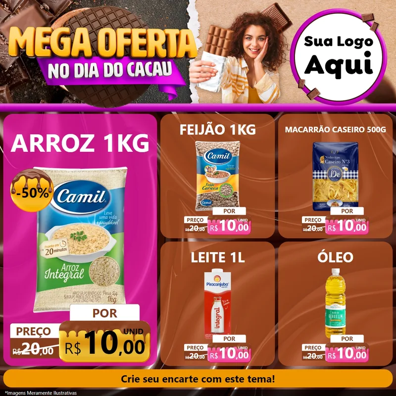 Modelo de Rede Social para Feed Facebook com o tema Mega Oferta no Dia do Cacau para Supermercado