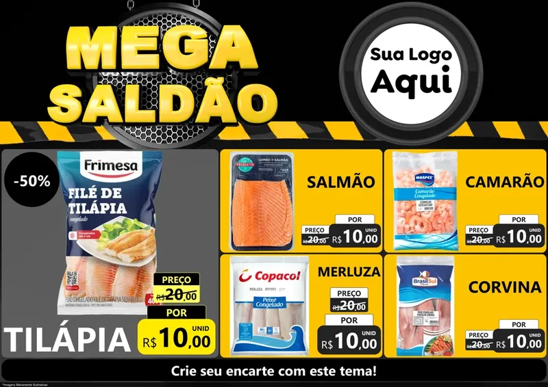 Modelo de Encarte para Encarte A4 Horizontal com o tema Mega Saldão para Peixaria