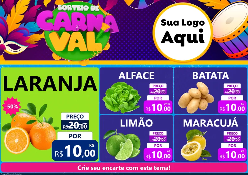 Modelo de Encarte para Encarte A4 Horizontal com o tema Sorteio de Carnaval para Hortifrúti