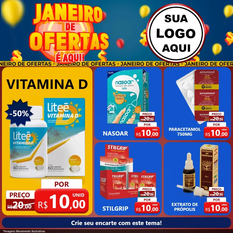 Modelo de Rede Social para Feed Facebook com o tema Janeiro de Ofertas É Aqui! para Farmácia