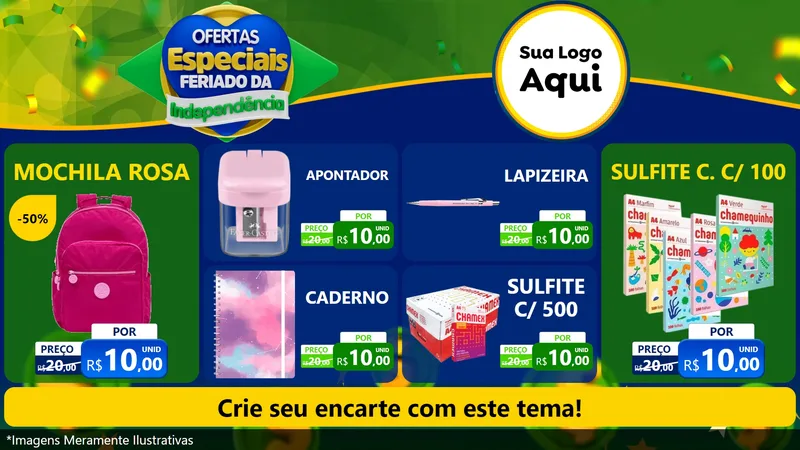 Modelo de TV para TV Horizontal com o tema Ofertas Especiais Feriado da Independência para Papelaria