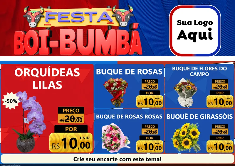 Modelo de Encarte para Encarte A4 Horizontal com o tema Festa Boi Bumbá para Floricultura e jardim