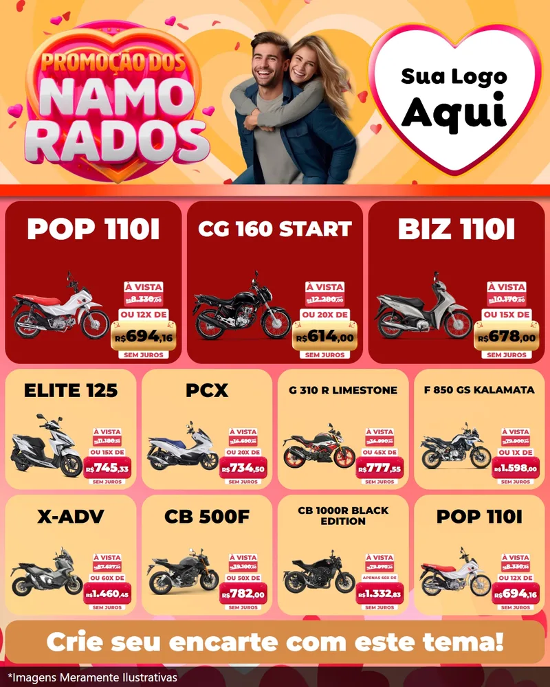 Modelo de Rede Social para Feed Instagram com o tema Promoção dos Namorados para Concessionaria de Motos