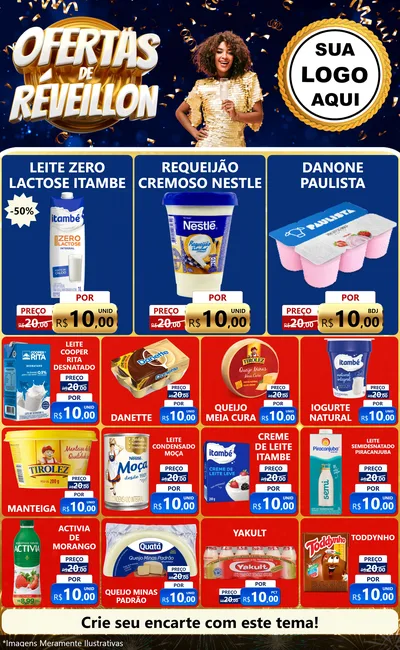 Modelo de Encarte para Encarte Grande com o tema Ofertas de Réveillon para Frios e Laticínios