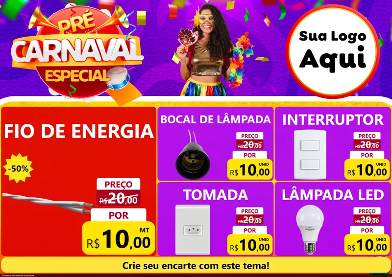 Modelo de Encarte para Encarte A4 Horizontal com o tema Pré-Carnaval Especial para Materiais Elétricos