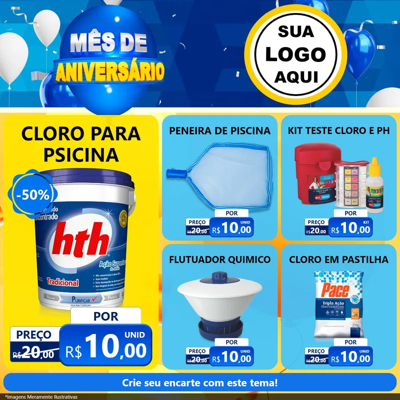 Modelo de Rede Social para Feed Facebook com o tema Mês de Aniversário para Produtos para Piscina