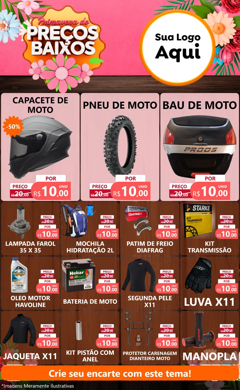 Modelo de Encarte para Encarte Grande com o tema Primavera de Preços Baixos para Moto peças