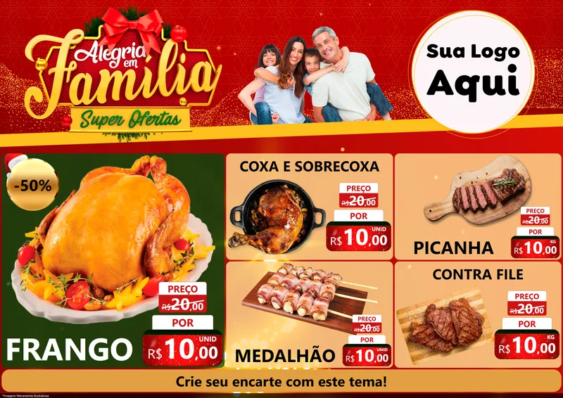 Modelo de Encarte para Encarte A4 Horizontal com o tema Alegria em Família Super Ofertas - Natal para Assados