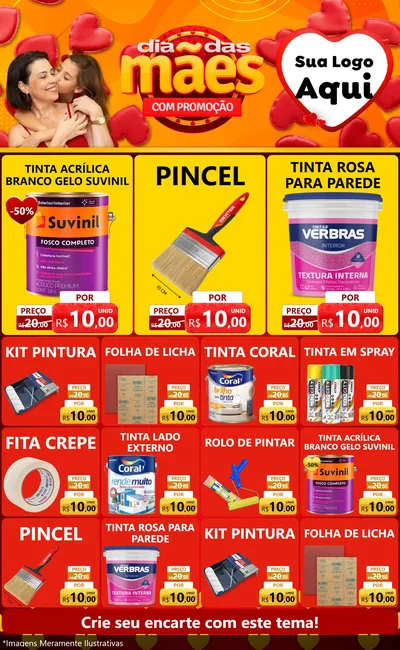 Modelo de Encarte para Encarte Grande com o tema Dia das Mães com Promoção para Tintas e Ferramentas