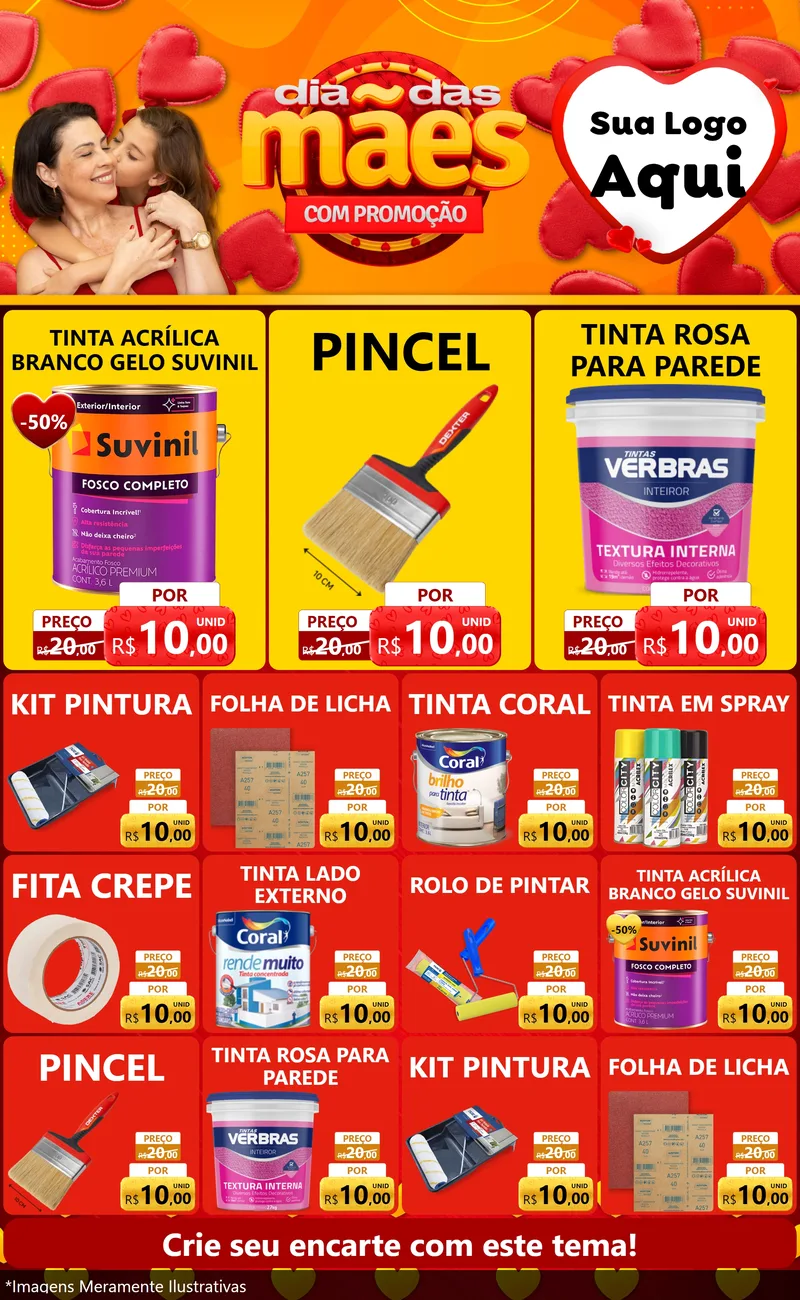 Modelo de Encarte para Encarte Grande com o tema Dia das Mães com Promoção para Tintas e Ferramentas