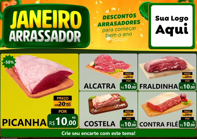 Modelo de Encarte para Encarte A4 Horizontal com o tema Janeiro Arrasador para Açougue