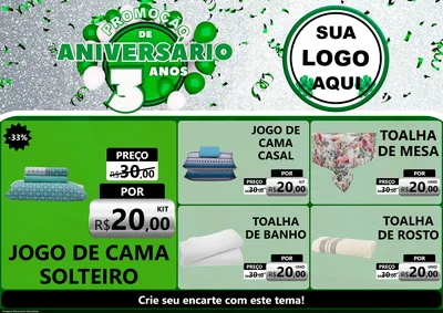 Modelo de Encarte para Encarte A4 Horizontal com o tema Promoção de Aniversário - 3 Anos para Cama, Mesa e Banho