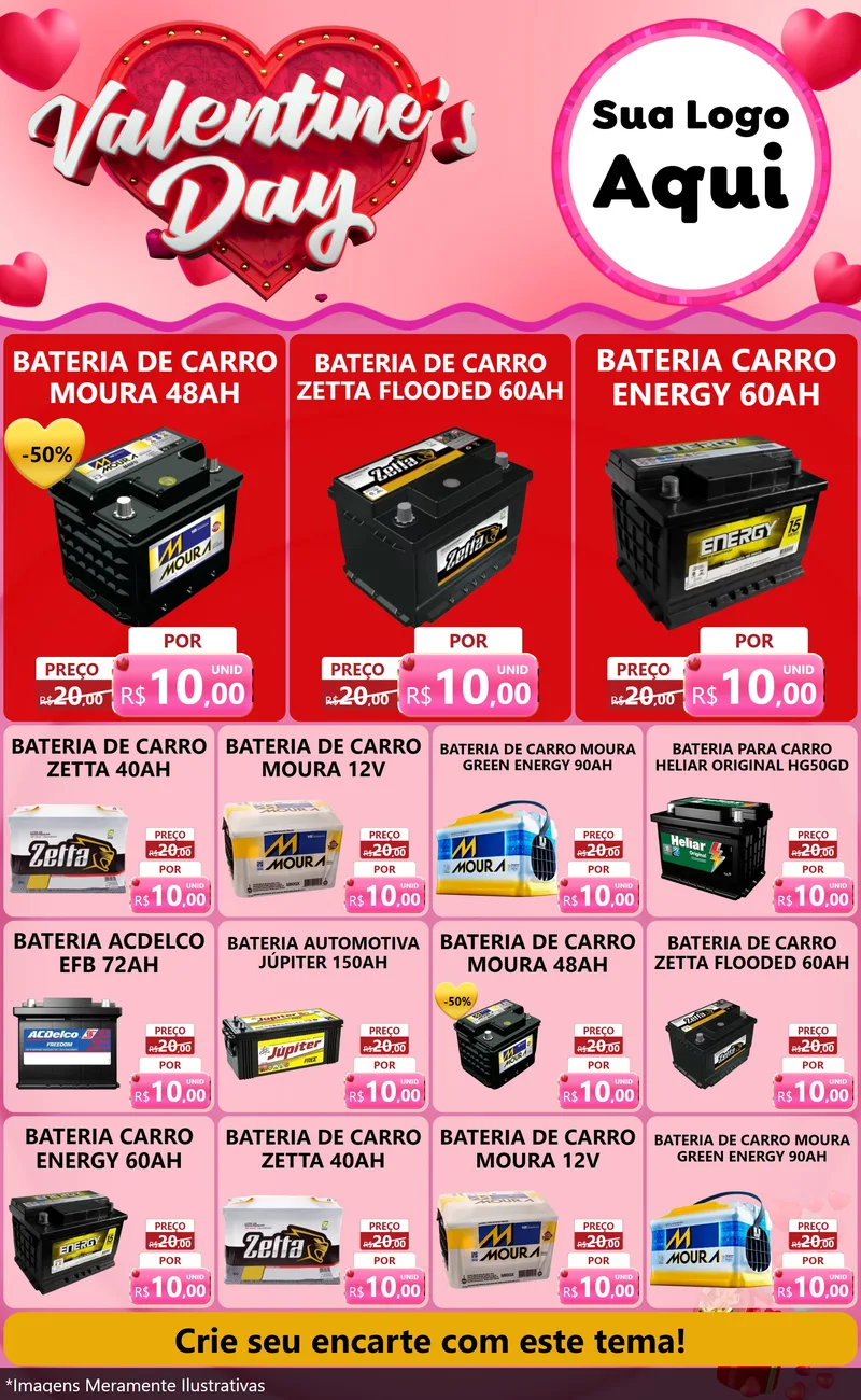 Modelo de Encarte para Encarte Grande com o tema Valentine's Day para Baterias Elétricas