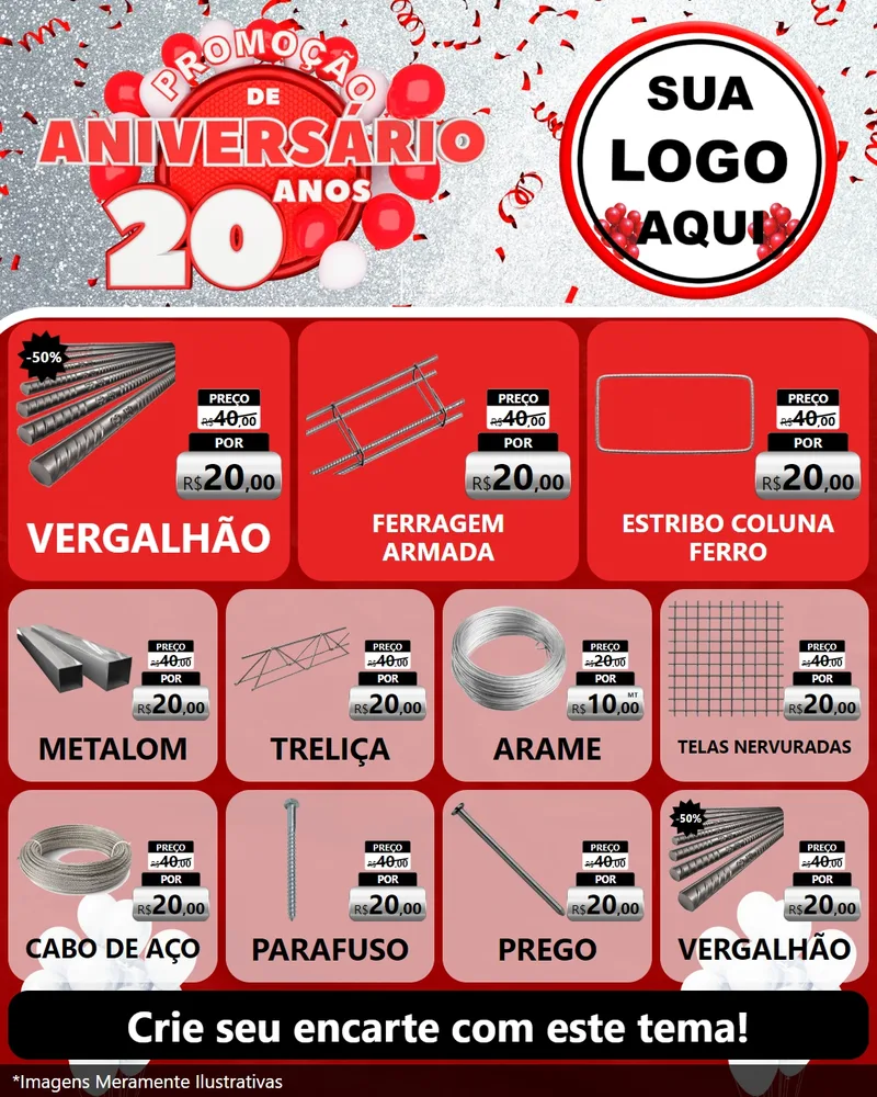 Modelo de Rede Social para Feed Instagram com o tema Promoção de Aniversário - 20 Anos para Ferragens