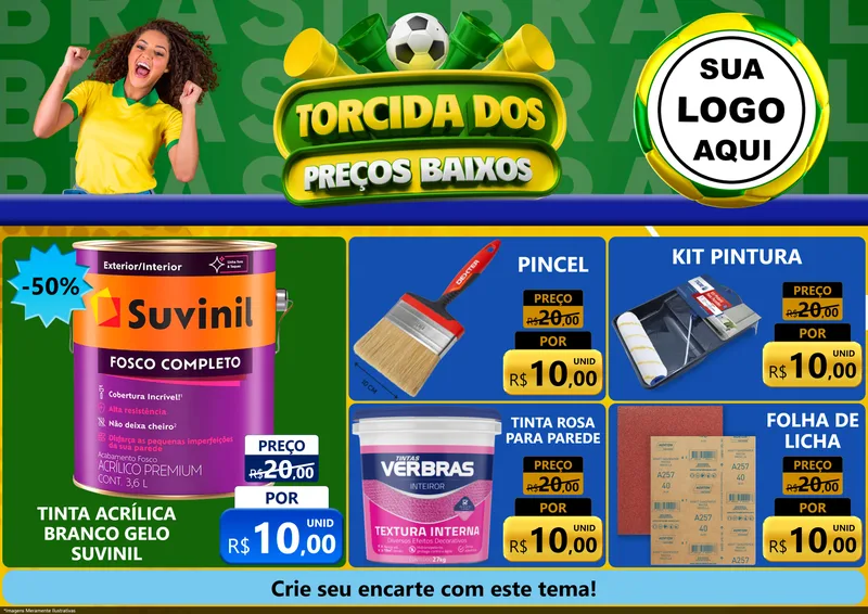 Modelo de Encarte para Encarte A4 Horizontal com o tema Torcida dos Preços Baixos para Tintas e Ferramentas