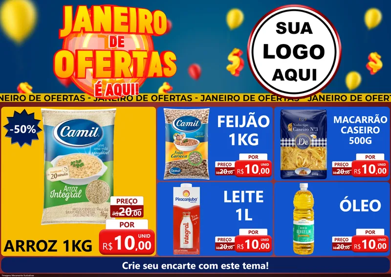 Modelo de Encarte para Encarte A4 Horizontal com o tema Janeiro de Ofertas É Aqui! para Supermercado