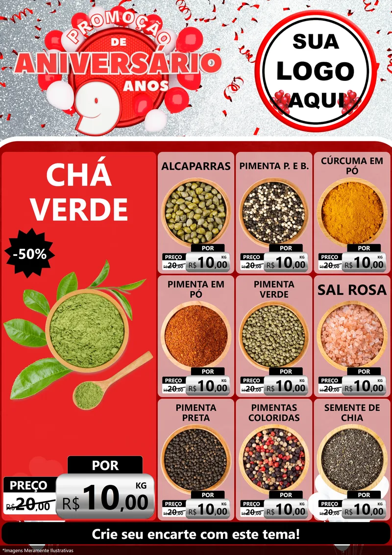 Modelo de Encarte para Encarte A4 Vertical com o tema Promoção de Aniversário - 9 Anos para Produtos Naturais