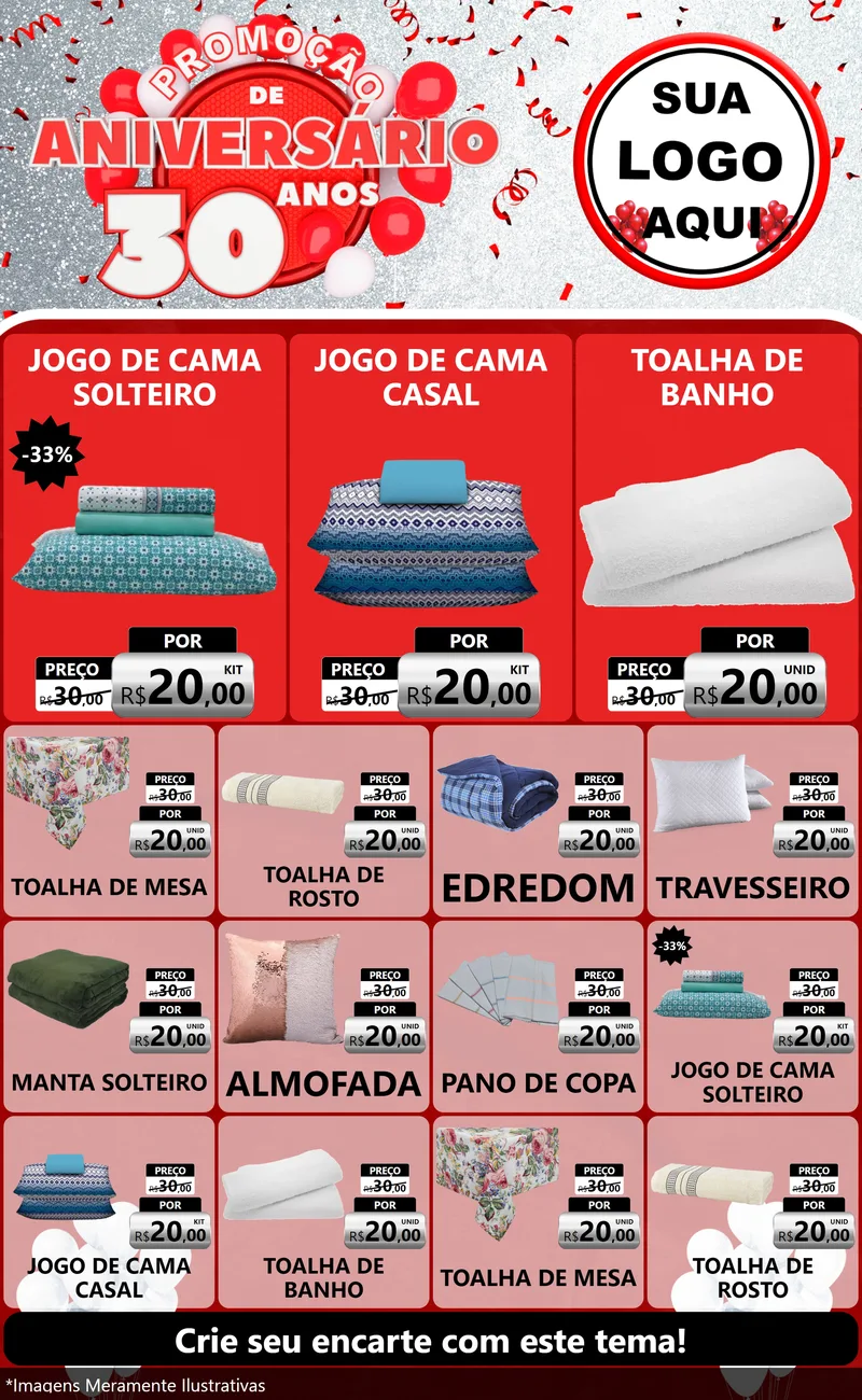 Modelo de Encarte para Encarte Grande com o tema Promoção de Aniversário - 30 Anos para Cama, Mesa e Banho