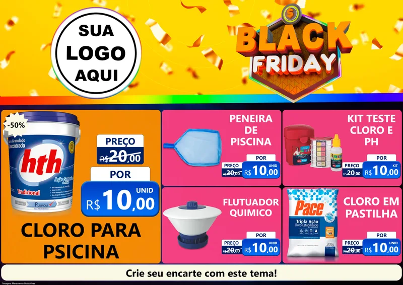 Modelo de Encarte para Encarte A4 Horizontal com o tema Black Friday para Produtos para Piscina