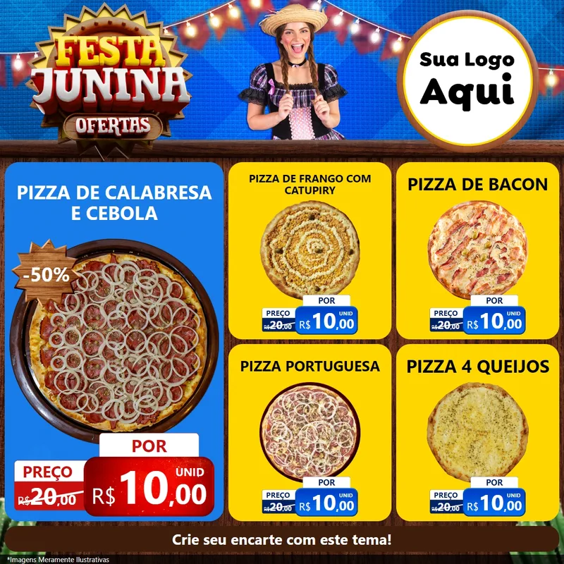 Modelo de Rede Social para Feed Facebook com o tema Festa Junina Ofertas para Pizzaria