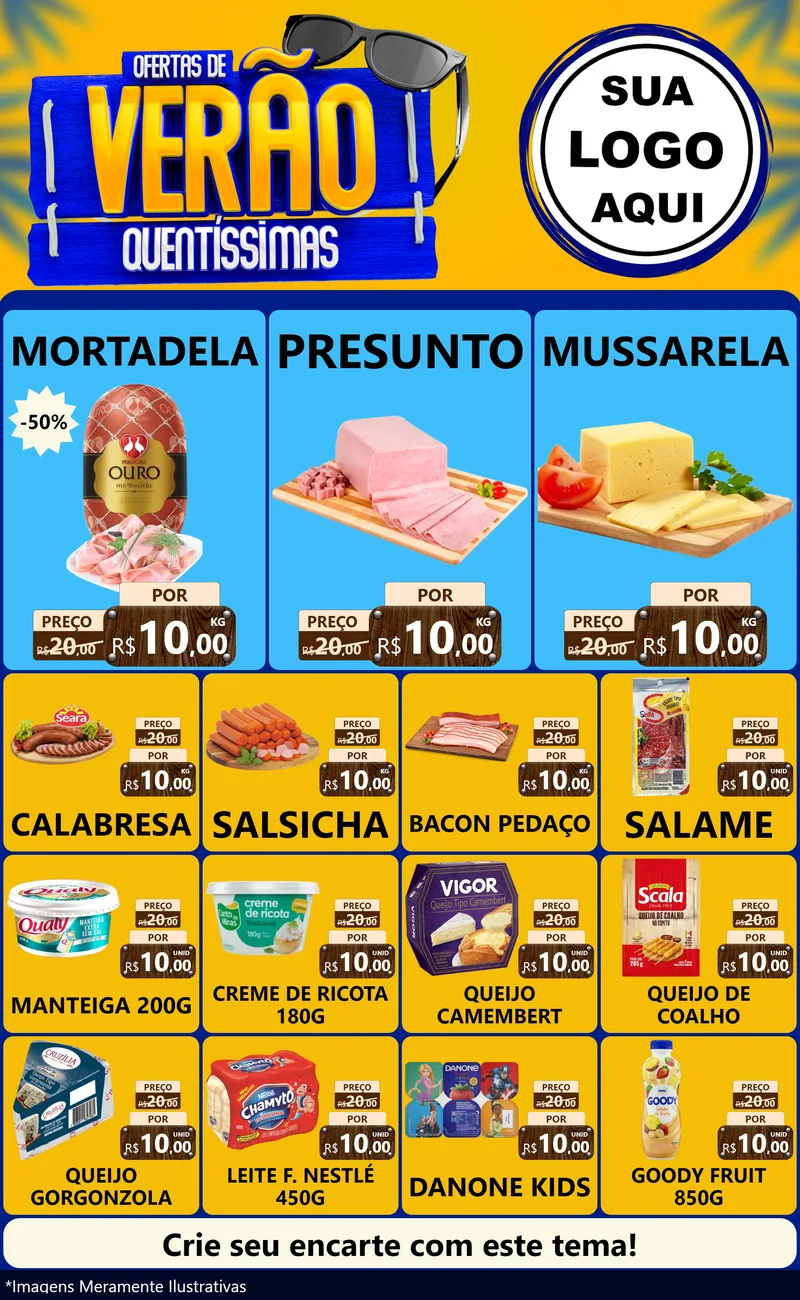 Modelo de Encarte para Encarte Grande com o tema Ofertas de Verão Quentíssimas para Frios e Laticínios