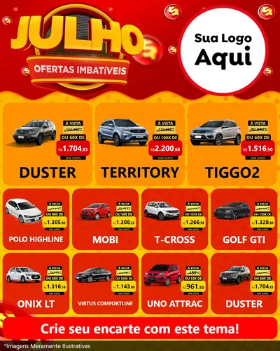 Modelo de Rede Social para Feed Instagram com o tema Julho Ofertas Imbatíveis para Concessionaria de Carros