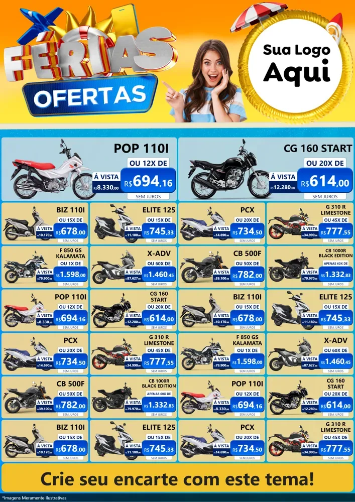 Modelo de Encarte para Encarte A4 Vertical com o tema Ofertas - Férias para Concessionaria de Motos