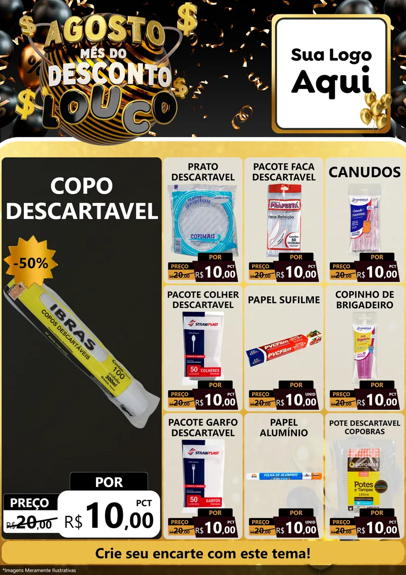 Modelo de Encarte para Encarte A4 Vertical com o tema Agosto Mês do Desconto Louco para Embalagens