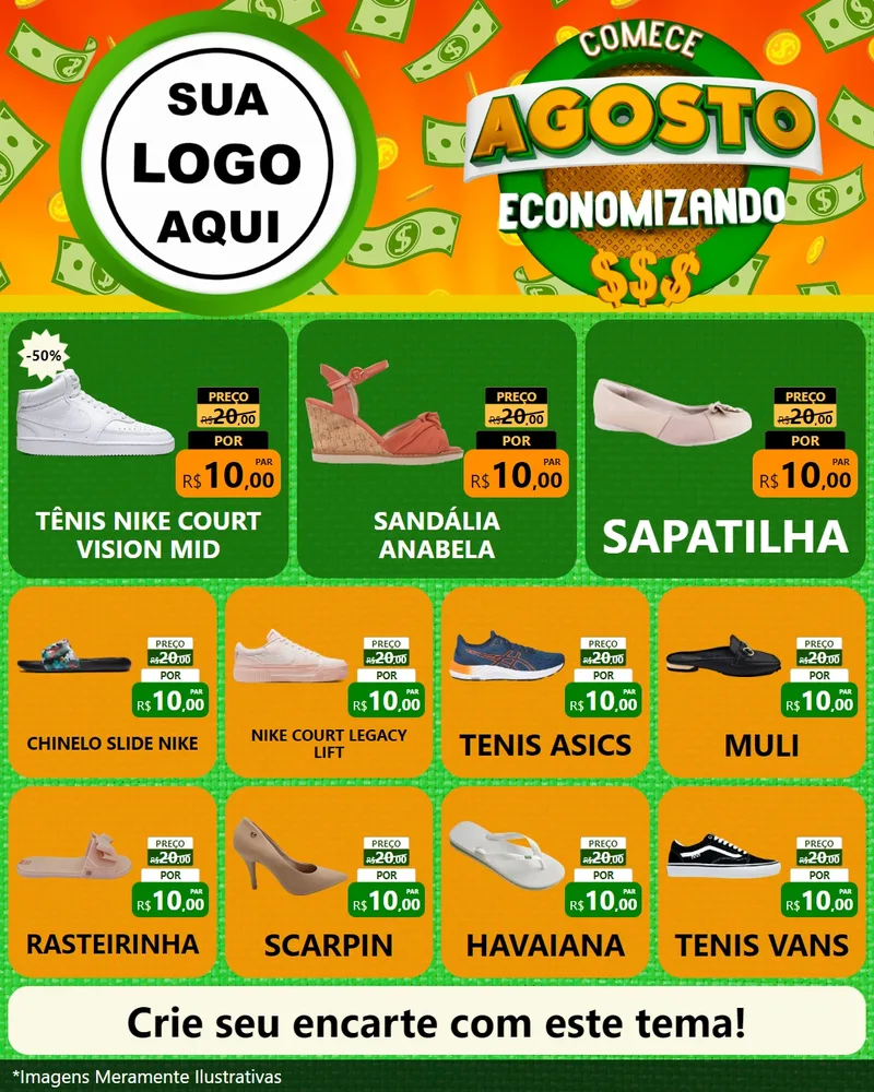 Modelo de Rede Social para Feed Instagram com o tema Comece Agosto Economizando para Calçados
