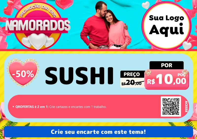 Modelo de Cartaz para Cartaz A4 Horizontal com o tema Promoção Dia dos Namorados para Comida japonesa