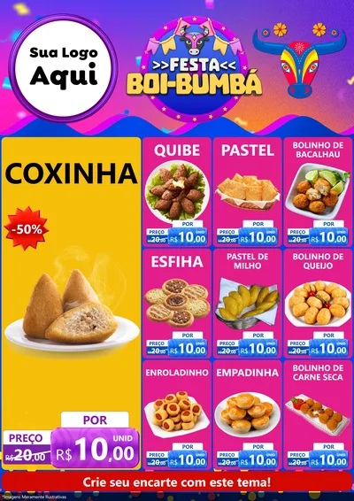 Modelo de Encarte para Encarte A4 Vertical com o tema Festa Boi-Bumbá para Salgadaria
