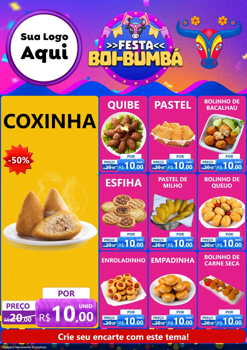 Modelo de Encarte para Encarte A4 Vertical com o tema Festa Boi-Bumbá para Salgadaria