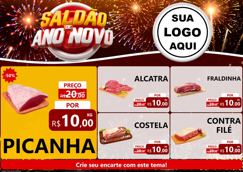 Modelo de Encarte para Encarte A4 Horizontal com o tema Saldão de Ano Novo para Açougue